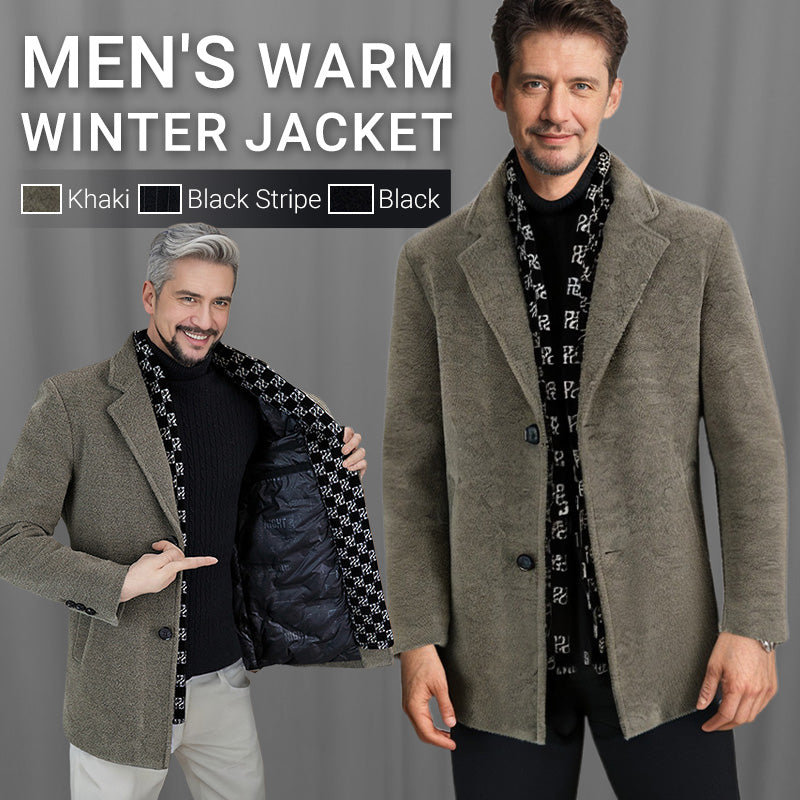FREE SHIPPINGšMenās Stylish Notched Lapel Winter Tweed Jacket with White Duck Down Lining