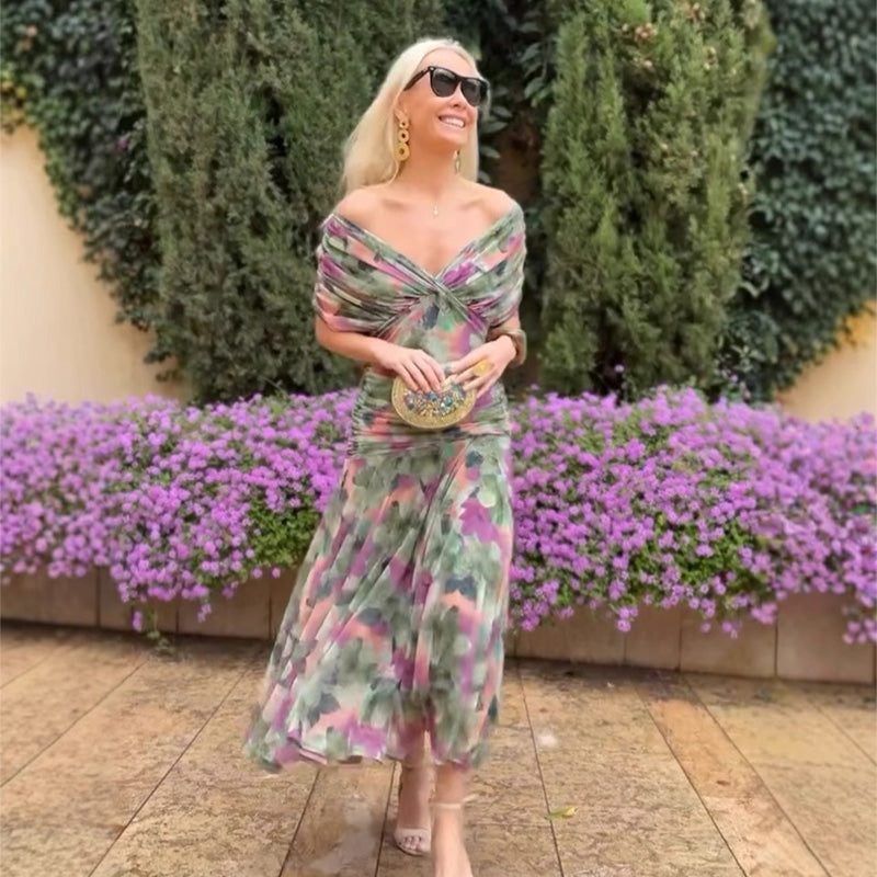 💜LAST DAY PROMOTION - 50%OFF💜Women's Off-the-Shoulder V-Neck Printed Dress