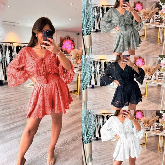 🔥Venta directa de fábrica Venta caliente - 34% de descuento🔥Traje informal corto de encaje con escote en V
