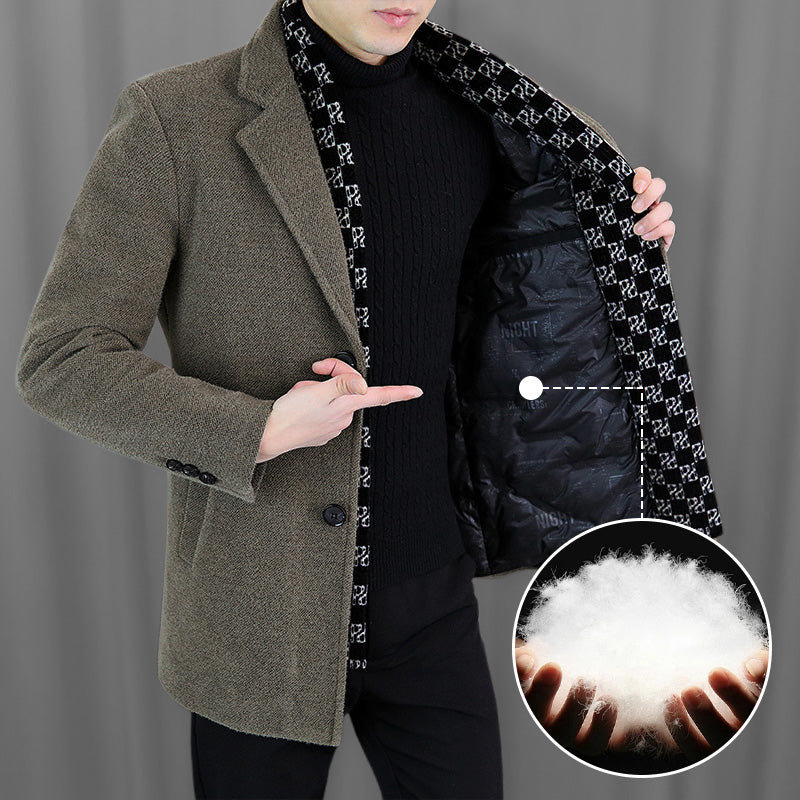 FREE SHIPPINGšMenās Stylish Notched Lapel Winter Tweed Jacket with White Duck Down Lining