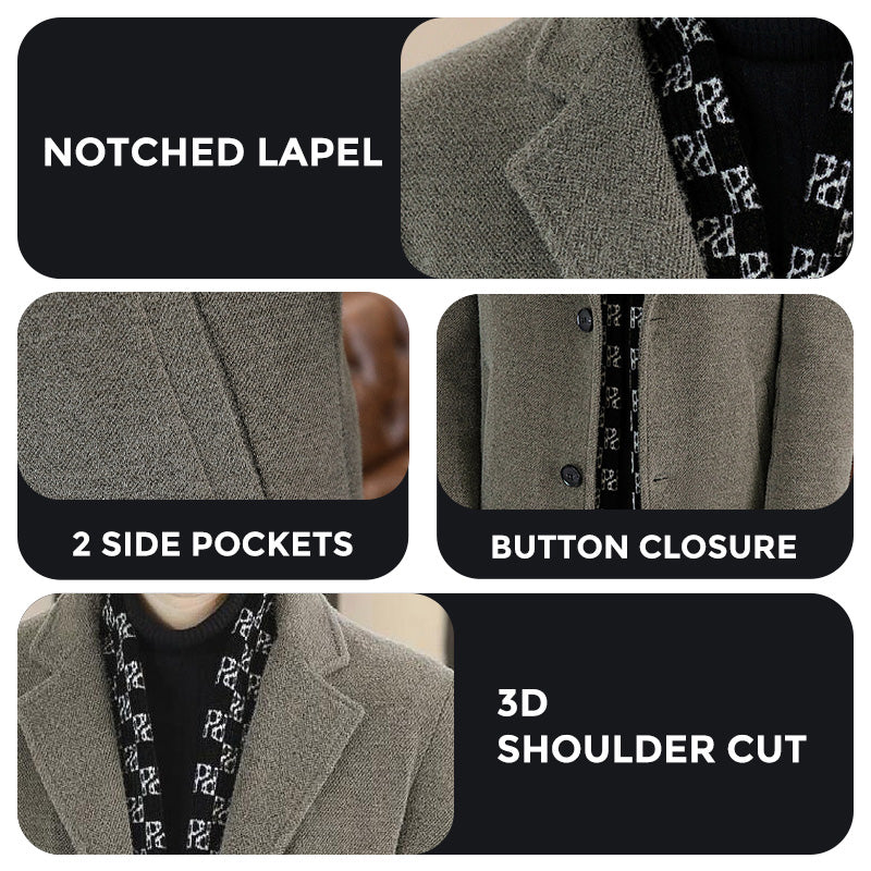 FREE SHIPPINGšMenās Stylish Notched Lapel Winter Tweed Jacket with White Duck Down Lining