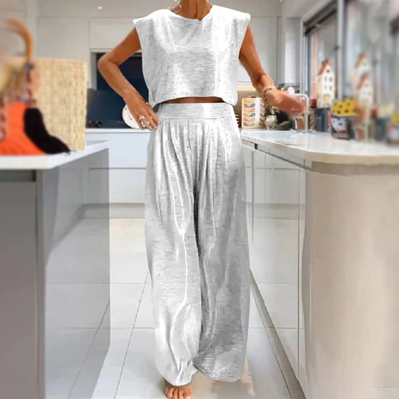 🔥Completo da donna in 2 pezzi con top corto ampio e lucido & Pantaloni a gamba larga con tasche