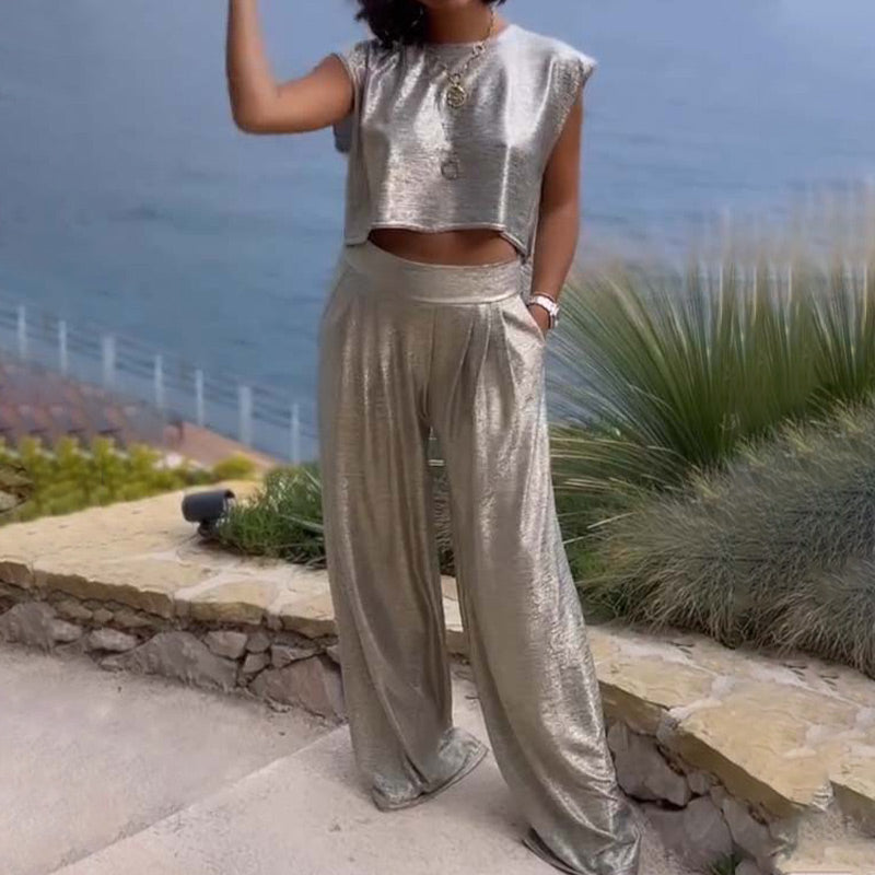 🔥Completo da donna in 2 pezzi con top corto ampio e lucido & Pantaloni a gamba larga con tasche