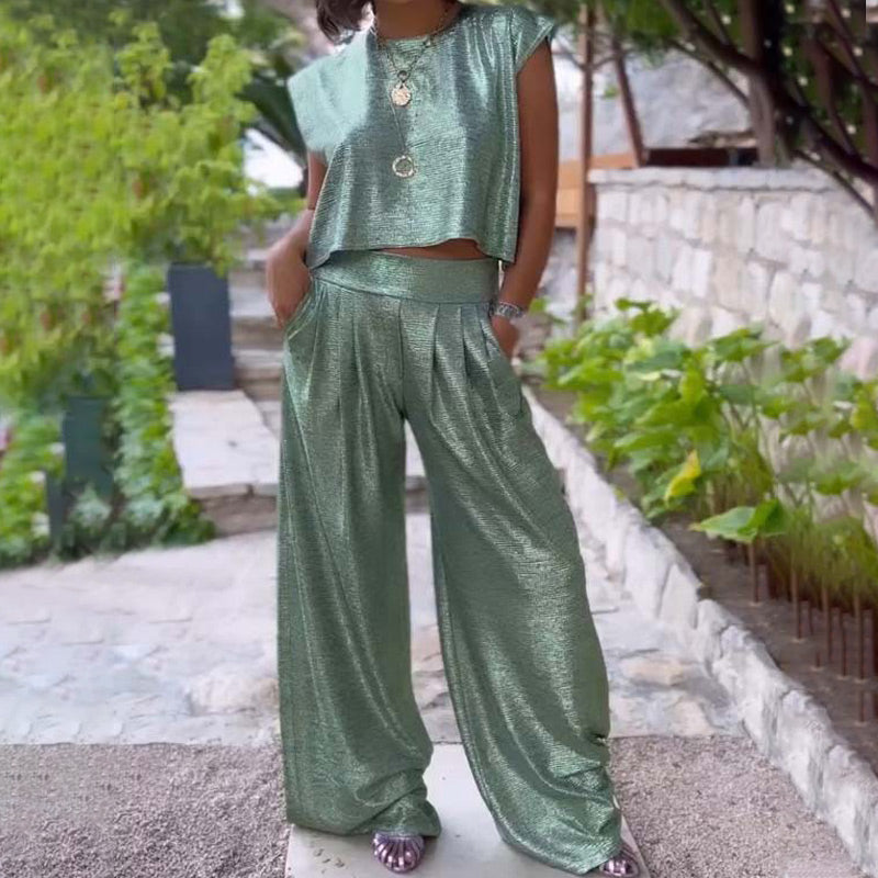 🔥Completo da donna in 2 pezzi con top corto ampio e lucido & Pantaloni a gamba larga con tasche