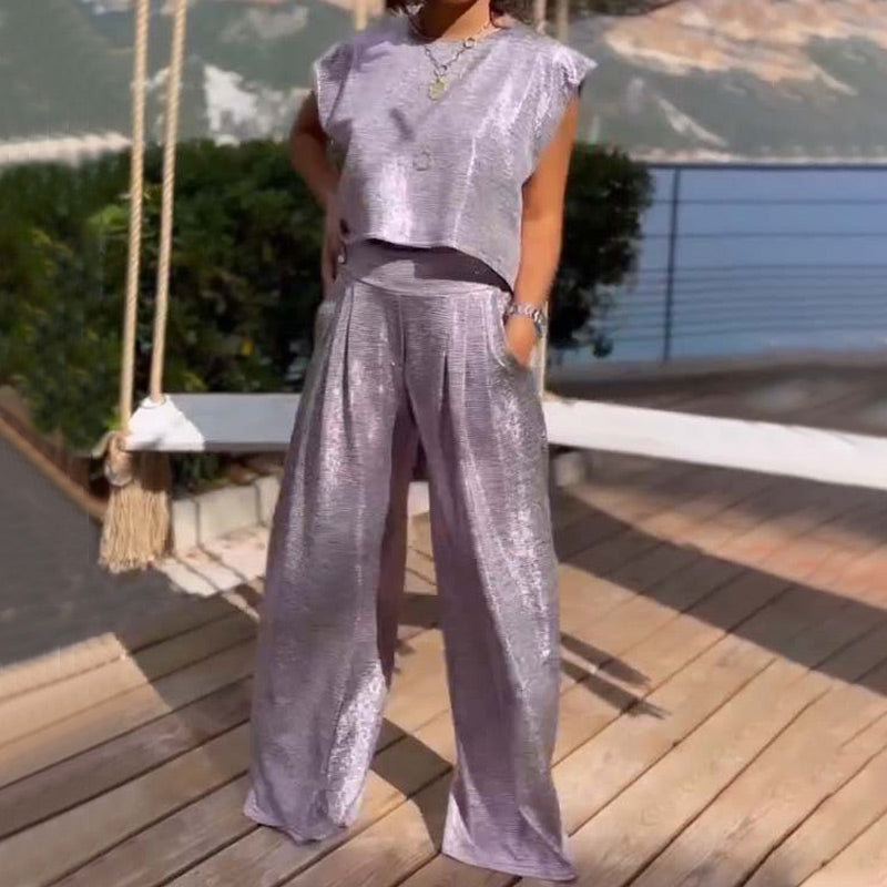 🔥Completo da donna in 2 pezzi con top corto ampio e lucido & Pantaloni a gamba larga con tasche