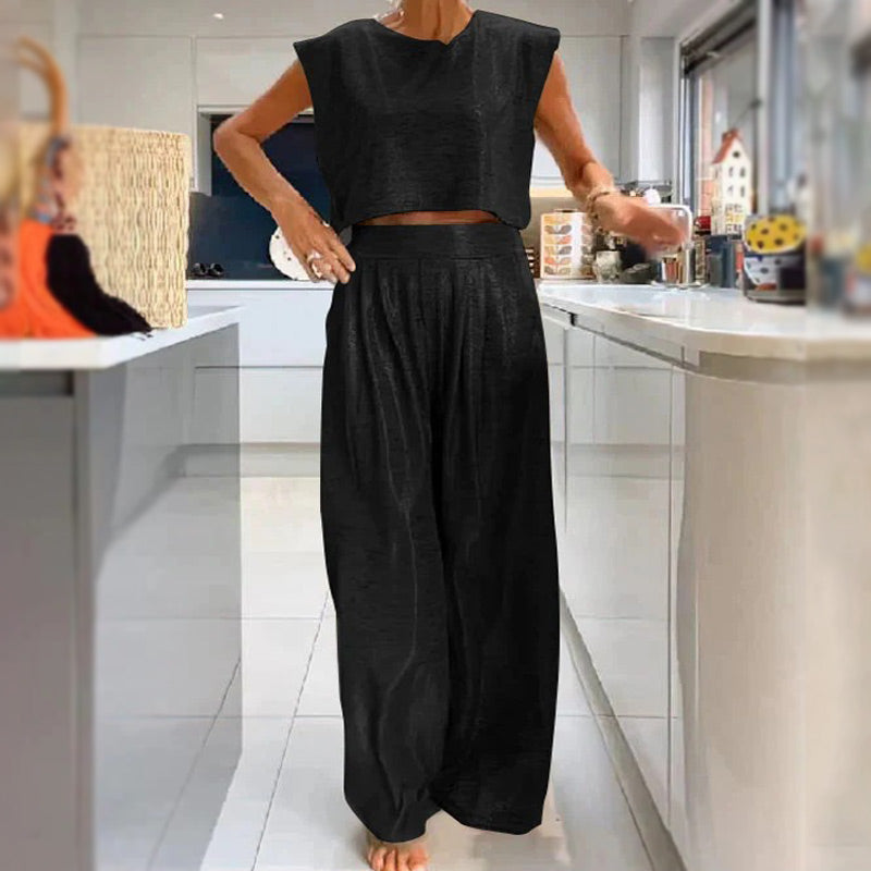 🔥Completo da donna in 2 pezzi con top corto ampio e lucido & Pantaloni a gamba larga con tasche