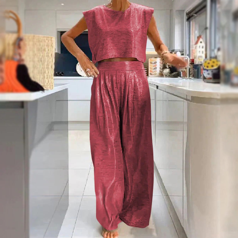 🔥Completo da donna in 2 pezzi con top corto ampio e lucido & Pantaloni a gamba larga con tasche