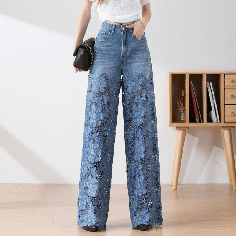 😍New Style Special Price👖Women's high-waisted hollow lace denim wide-leg pants
