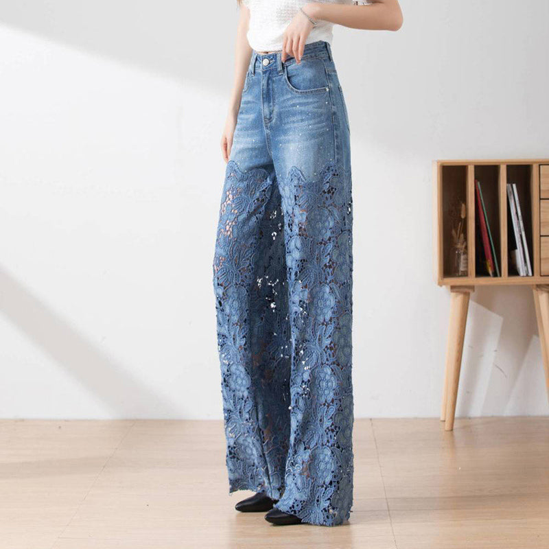 😍New Style Special Price👖Women's high-waisted hollow lace denim wide-leg pants