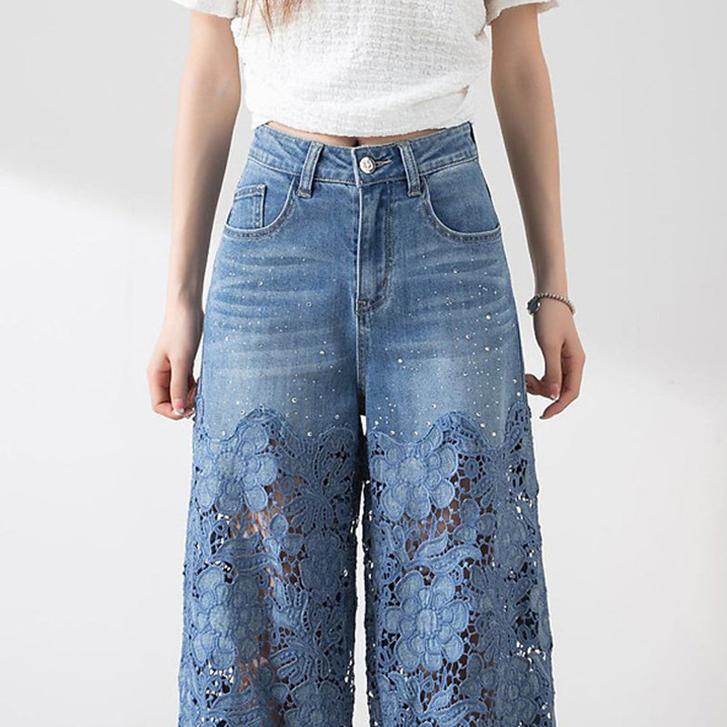 😍New Style Special Price👖Women's high-waisted hollow lace denim wide-leg pants