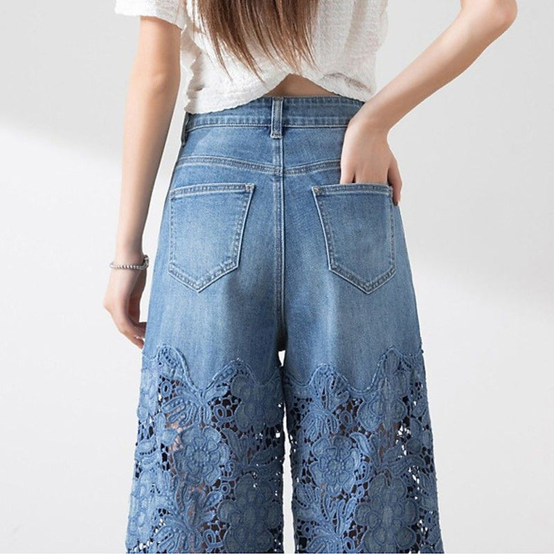 😍New Style Special Price👖Women's high-waisted hollow lace denim wide-leg pants