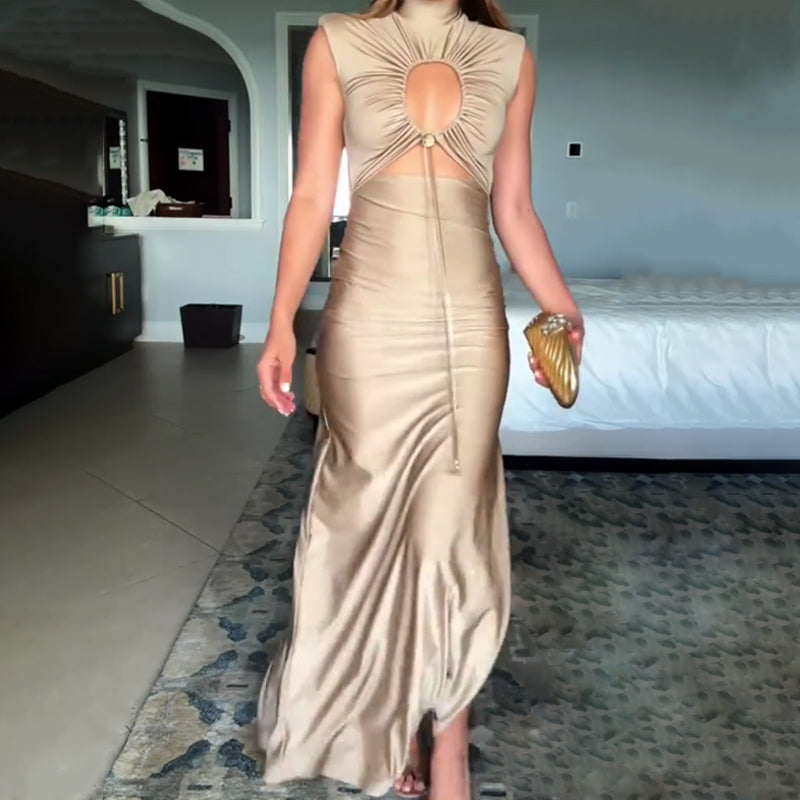 Genis Hollow Elastic Bust High Neck Sleeveless Gathered Maxi Dress