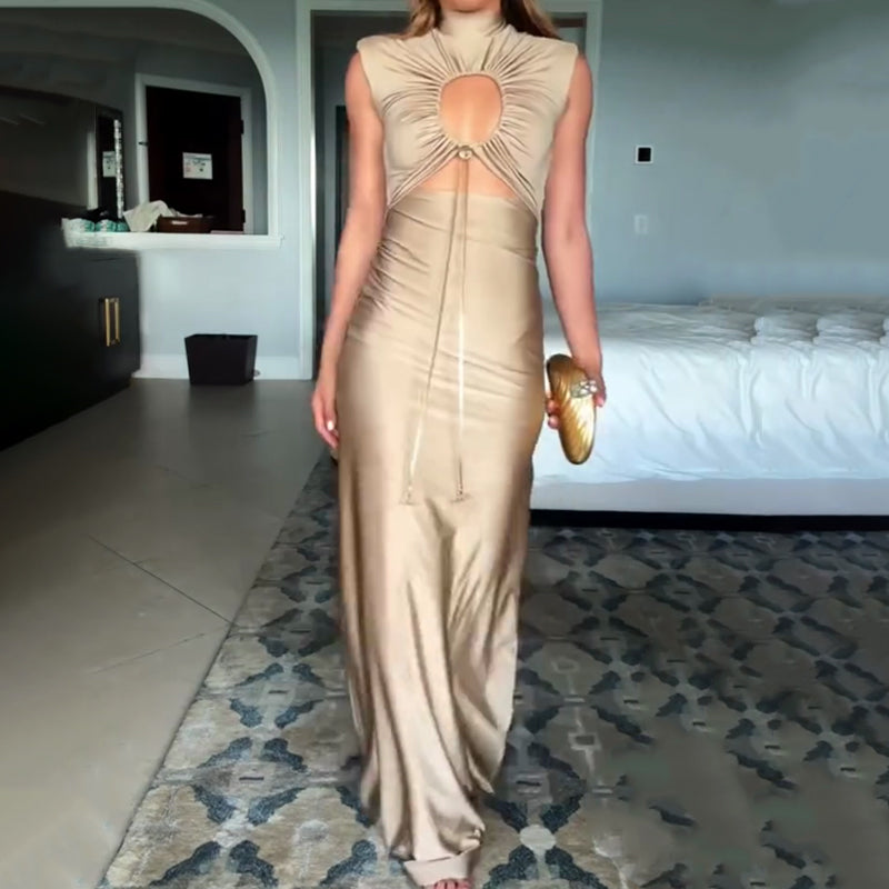 Genis Hollow Elastic Bust High Neck Sleeveless Gathered Maxi Dress