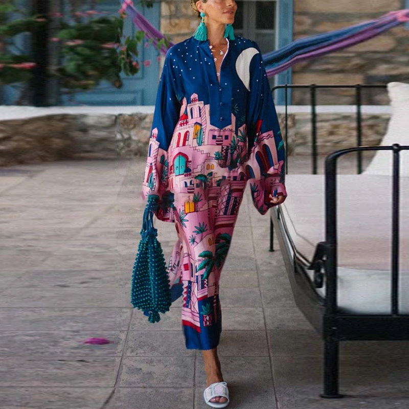 Seaside Stroll Satin Unique Print Button Up Long Sleeve Slit Kaftan Midi Dress