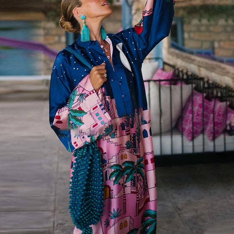 Seaside Stroll Satin Unique Print Button Up Long Sleeve Slit Kaftan Midi Dress