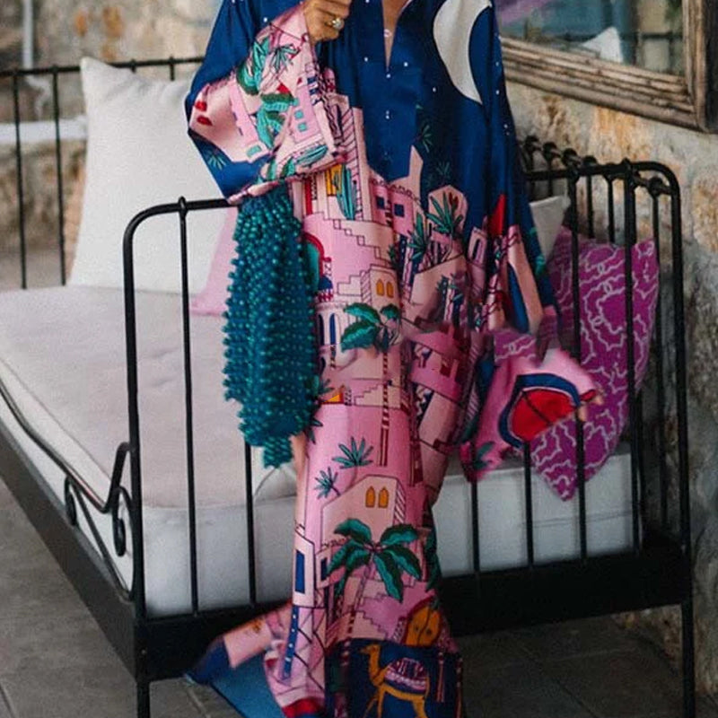Seaside Stroll Satin Unique Print Button Up Long Sleeve Slit Kaftan Midi Dress