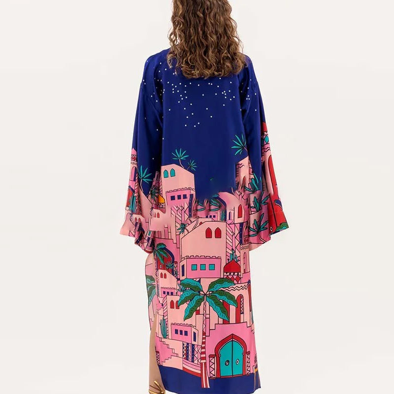 Seaside Stroll Satin Unique Print Button Up Long Sleeve Slit Kaftan Midi Dress