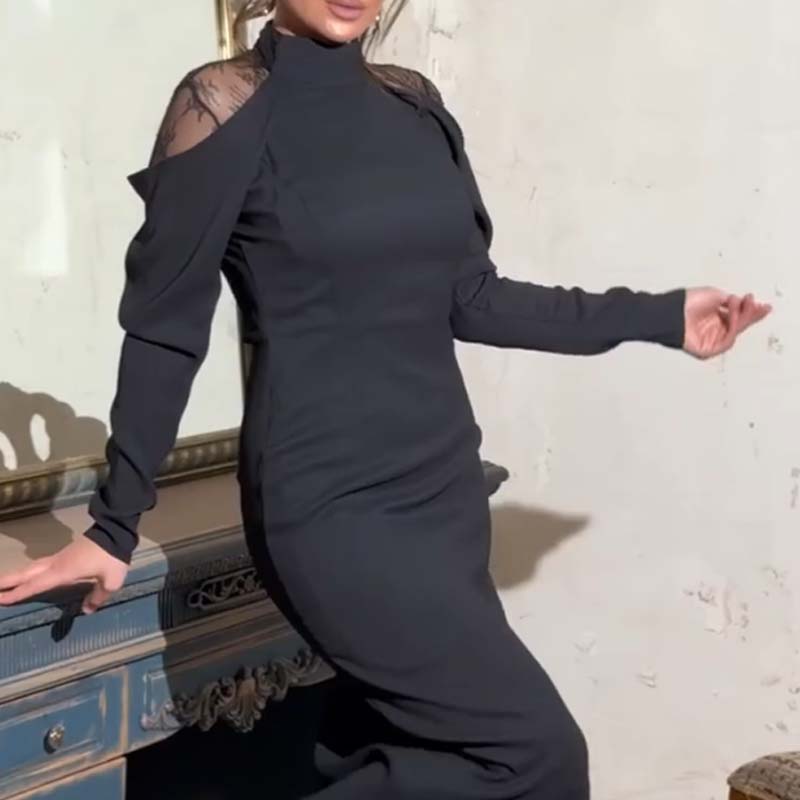 🖤Last Day Sale 50% Off 🖤 Women's Elegant Mock Neck Lace Back Midi Dress