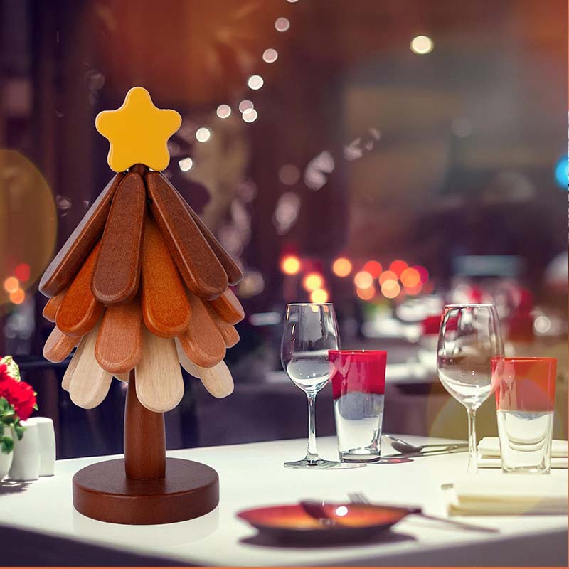 Wooden Tree-Shaped Trivet with Star or Apple
