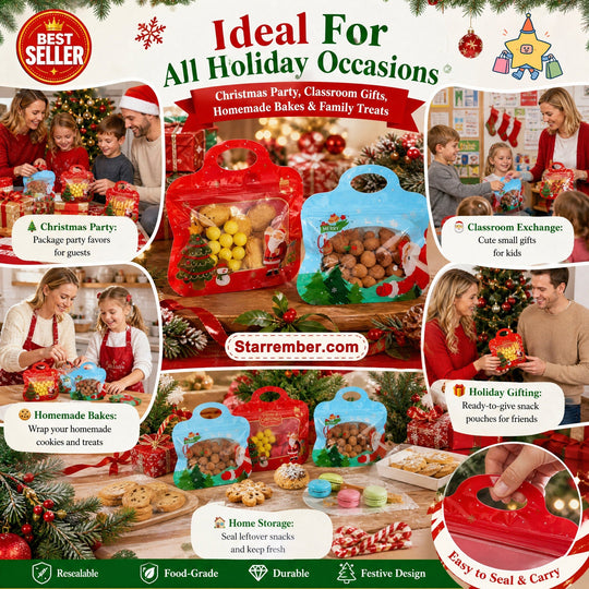 🍬Easy Fill, Easy Seal🎁 Festive Self-Seal Treat Bags – Santa & Snowman Print | Resealable, Food-Safe & Perfect for Cookies, Chocolates & Little Gifts 🎅