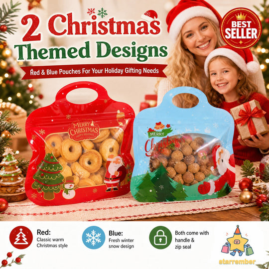 🍬Easy Fill, Easy Seal🎁 Festive Self-Seal Treat Bags – Santa & Snowman Print | Resealable, Food-Safe & Perfect for Cookies, Chocolates & Little Gifts 🎅