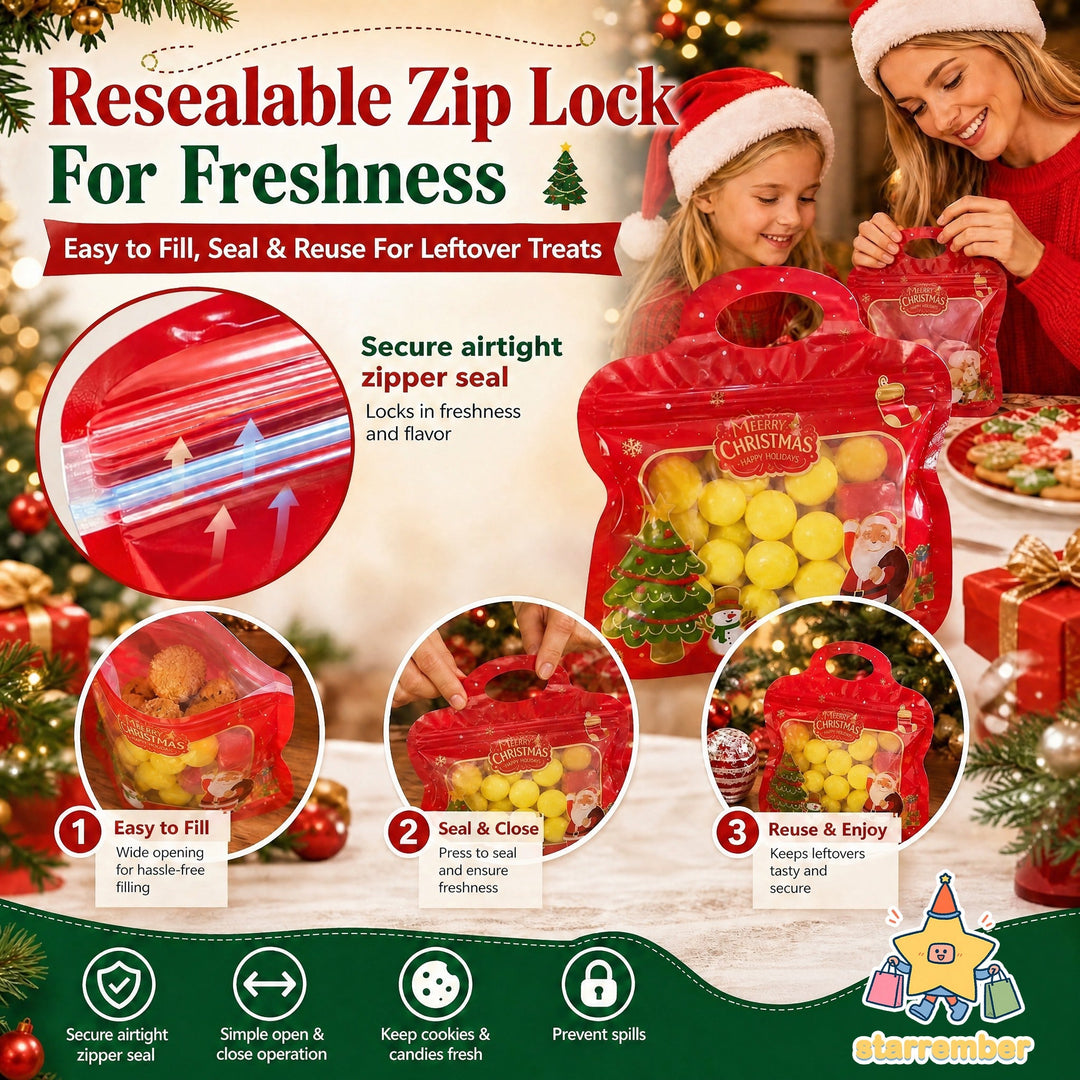 🍬Easy Fill, Easy Seal🎁 Festive Self-Seal Treat Bags – Santa & Snowman Print | Resealable, Food-Safe & Perfect for Cookies, Chocolates & Little Gifts 🎅