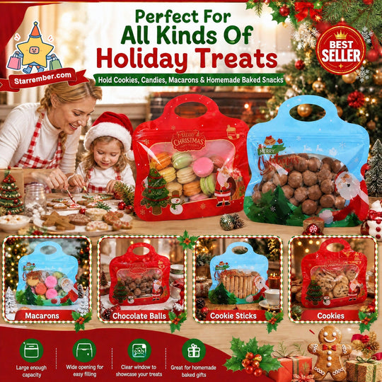 🍬Easy Fill, Easy Seal🎁 Festive Self-Seal Treat Bags – Santa & Snowman Print | Resealable, Food-Safe & Perfect for Cookies, Chocolates & Little Gifts 🎅