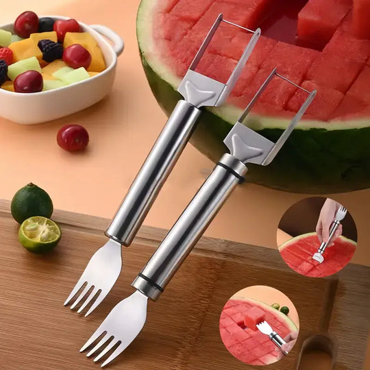 😋Buy 1 Get 1 Free !! 🍉2-in-1 Watermelon Slicer & Fork – Stainless Steel, Dual Head