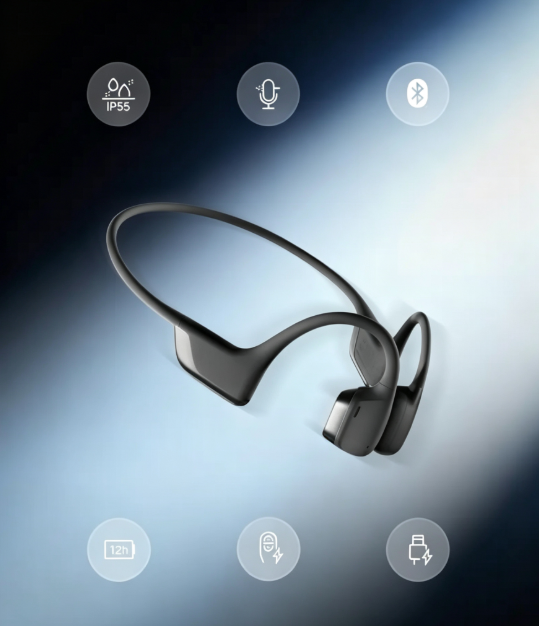 High Quality Headphones - Open Ear Earphones with Bone Conduction Tech, Sweat-Resistant Sports Headset for Workouts, Deep Bass Audio & Smart Mic