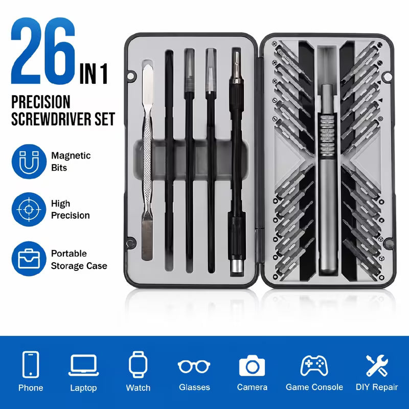 26 in 1 Precise Screw Driver Bit Set, 20 Bits (Phillps, Slotted, Torx, Hex and other 5 kinds of Bits), Flexible Shaft