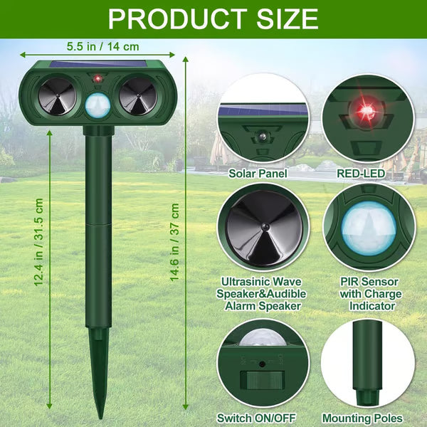 Solar-Powered Animal Repeller, Deer Repellent Devices, Waterproof Ultrasonic Pest Repellent