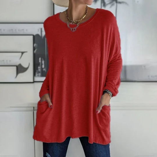 💞 Women's Round Neck Long Sleeve Loose Pocket T-Shirt
