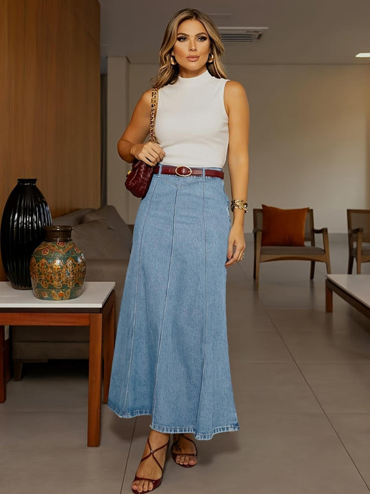 🎉 2026 Sale — Over 28,200 Sold!💙 Women's High‑Waist A‑Line Denim Maxi Skirt – Flattering 👗