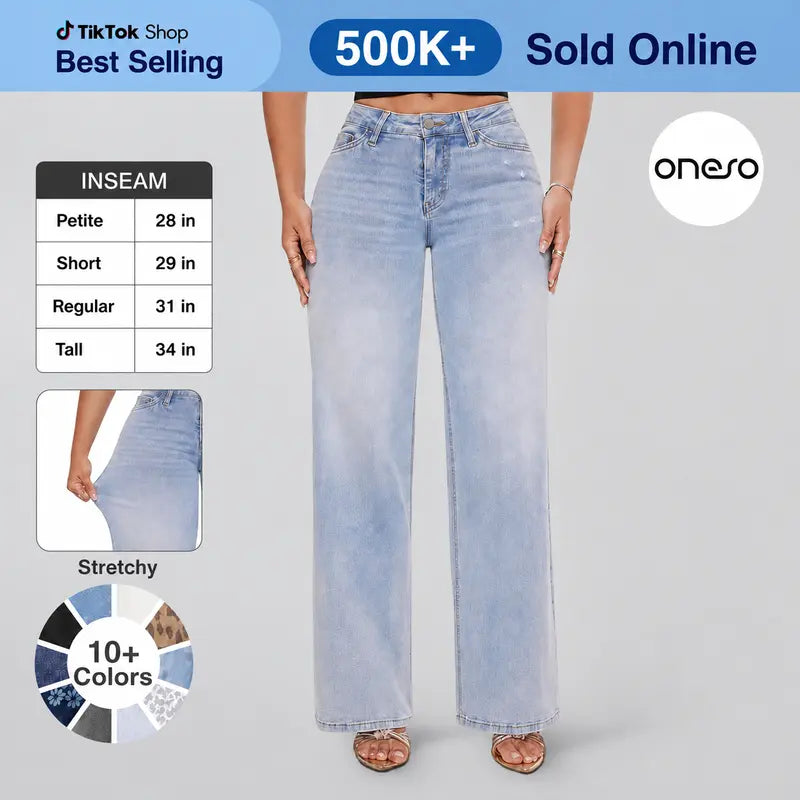🎉 2026 Sale !! 👖Mid-low Rise BBL Jeans Stretchy Wide Leg Tummy Control Distressed Baggy Denim Pants 🌸