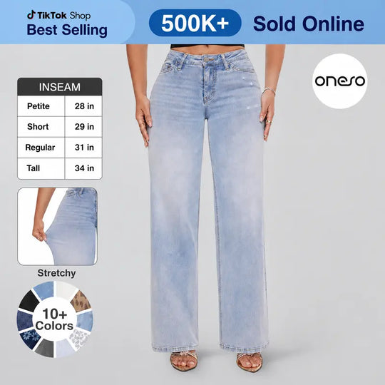 🎉 2026 Sale !! 👖Mid-low Rise BBL Jeans Stretchy Wide Leg Tummy Control Distressed Baggy Denim Pants 🌸