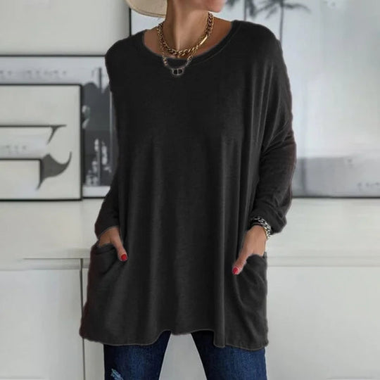 💞 Women's Round Neck Long Sleeve Loose Pocket T-Shirt