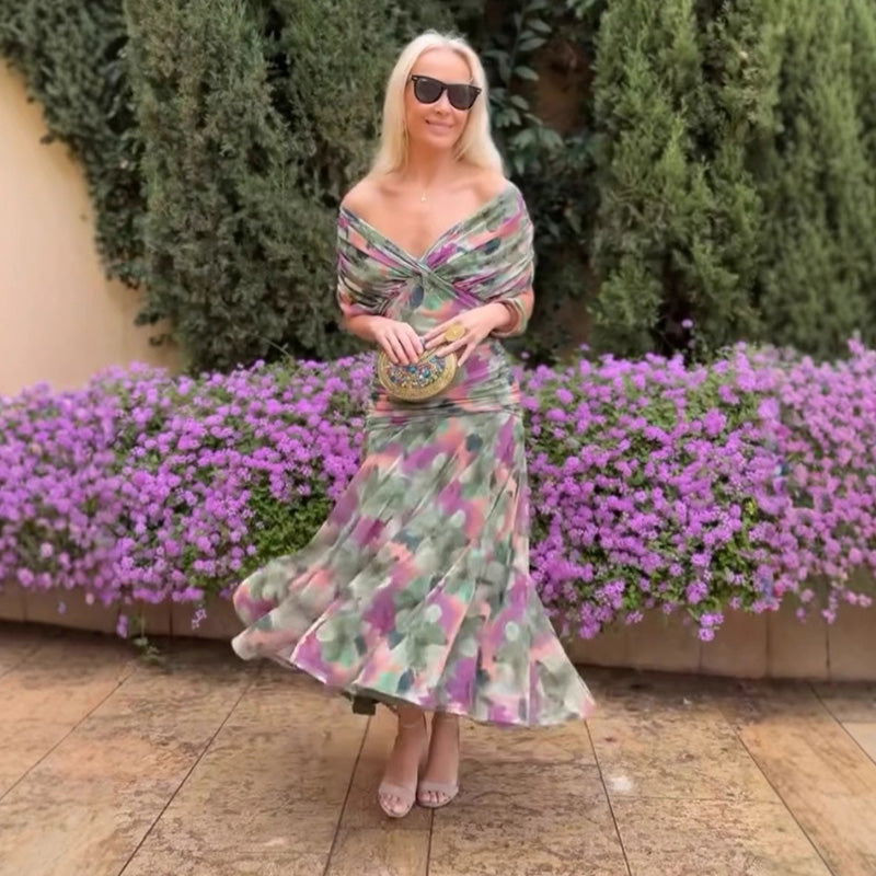 💜LAST DAY PROMOTION - 50%OFF💜Women's Off-the-Shoulder V-Neck Printed Dress