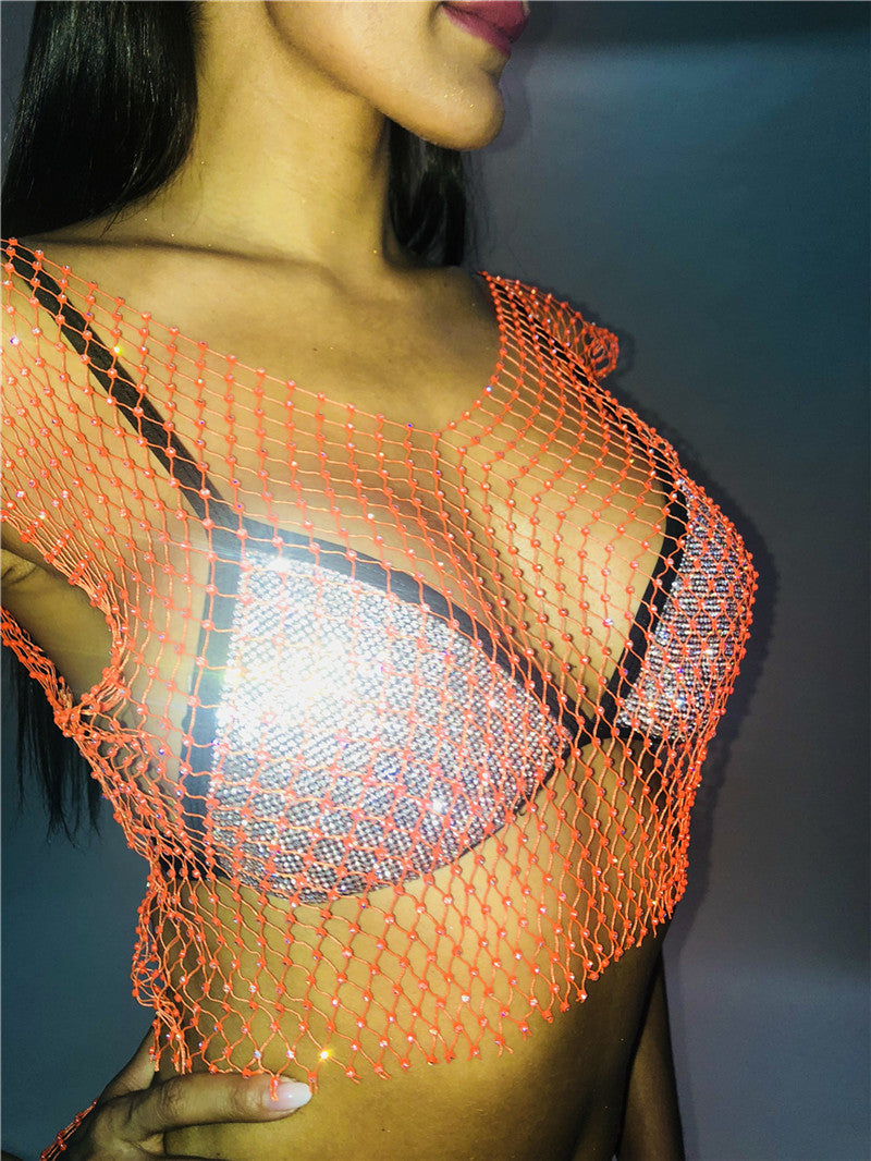 Fascinating Rhinestone-Embellished Fishnet Crop Top