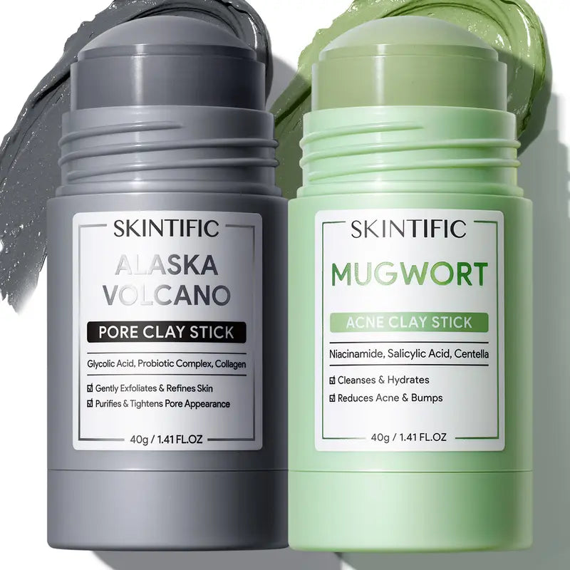 SKINTIFIC Clay Stick 2PCS Combo – Mugwort Clarifying / Volcano Detox / Bright Boost Even Tone Deep Pore Cleansing Oil Control Non-Stripping