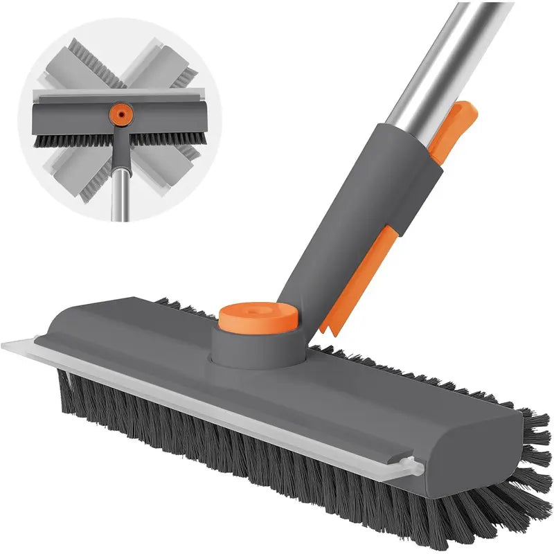 🧹3-in-1 Floor Scrub Bathtub Brush with Long Handle, Double-Sided, Heavy-Duty Stiff Bristles & Squeegee – Scrape & Scrub