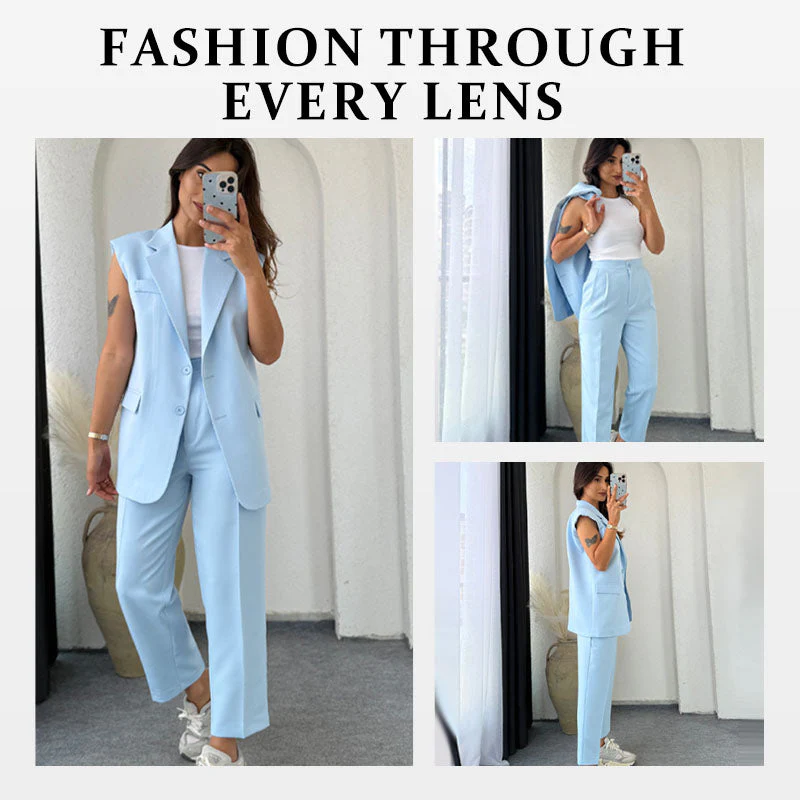 💖Women’s Stylish Sleeveless Blazer & High-Waisted Pants Set