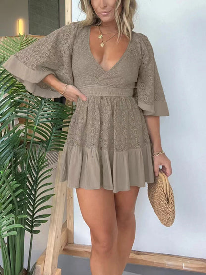 Open Back Lace Crochet Romper Dress--One-piece dress style, slimming and fitting, displays graceful figure!