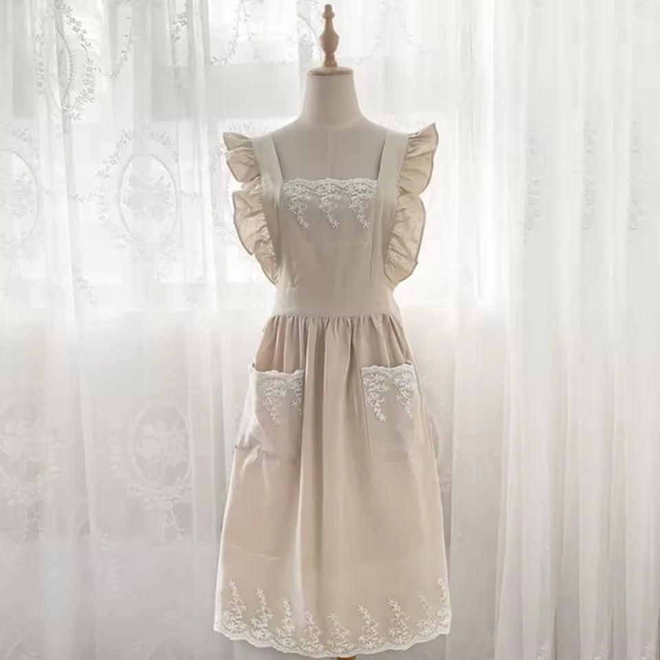 Washed Cotton Linen Lace Aprons Cooking Kitchen Aprons Flower Shop Garden Ruffles Work Clean Apron for Woman Overalls Dress