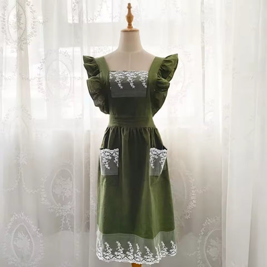 Washed Cotton Linen Lace Aprons Cooking Kitchen Aprons Flower Shop Garden Ruffles Work Clean Apron for Woman Overalls Dress