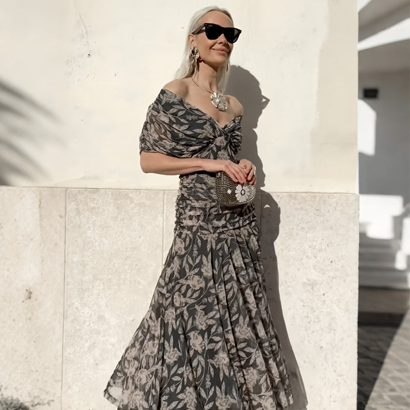 💜LAST DAY PROMOTION - 50%OFF💜Women's Off-the-Shoulder V-Neck Printed Dress