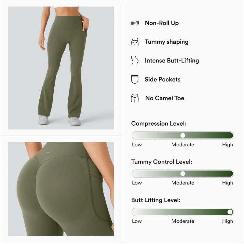 High Waisted Scrunch Butt Lifting Tummy Control Pocket Shaping Yoga Bootcut Leggings