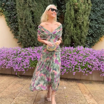 💜LAST DAY PROMOTION - 50%OFF💜Women's Off-the-Shoulder V-Neck Printed Dress