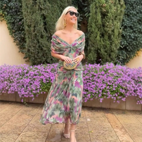 💜VIIMASE PÄEVA PAKKUMINE - 50% SOODUSTUST💜Naiste õlad alt avanev V-kaelusega mustriline kleit