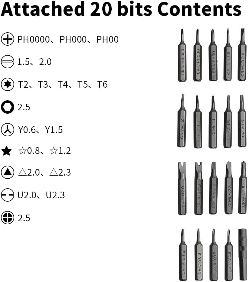 26 in 1 Precise Screw Driver Bit Set, 20 Bits (Phillps, Slotted, Torx, Hex and other 5 kinds of Bits), Flexible Shaft