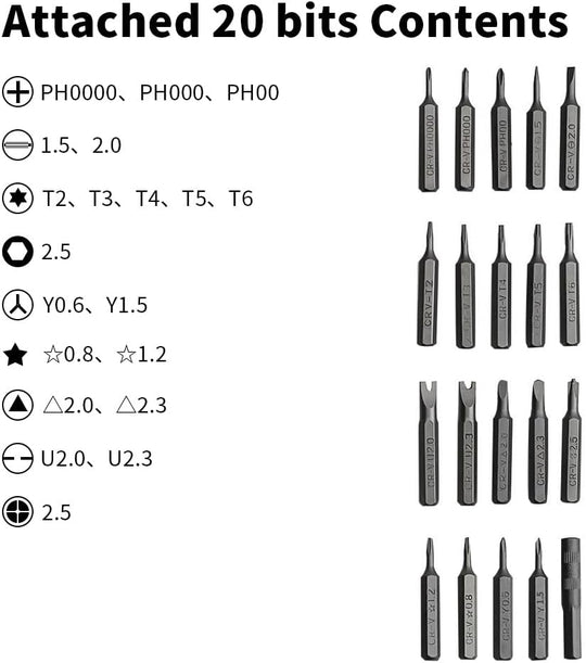 26 in 1 Precise Screw Driver Bit Set, 20 Bits (Phillps, Slotted, Torx, Hex and other 5 kinds of Bits), Flexible Shaft